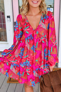 Pink Floral V-Neck Long Sleeve Mini Dress