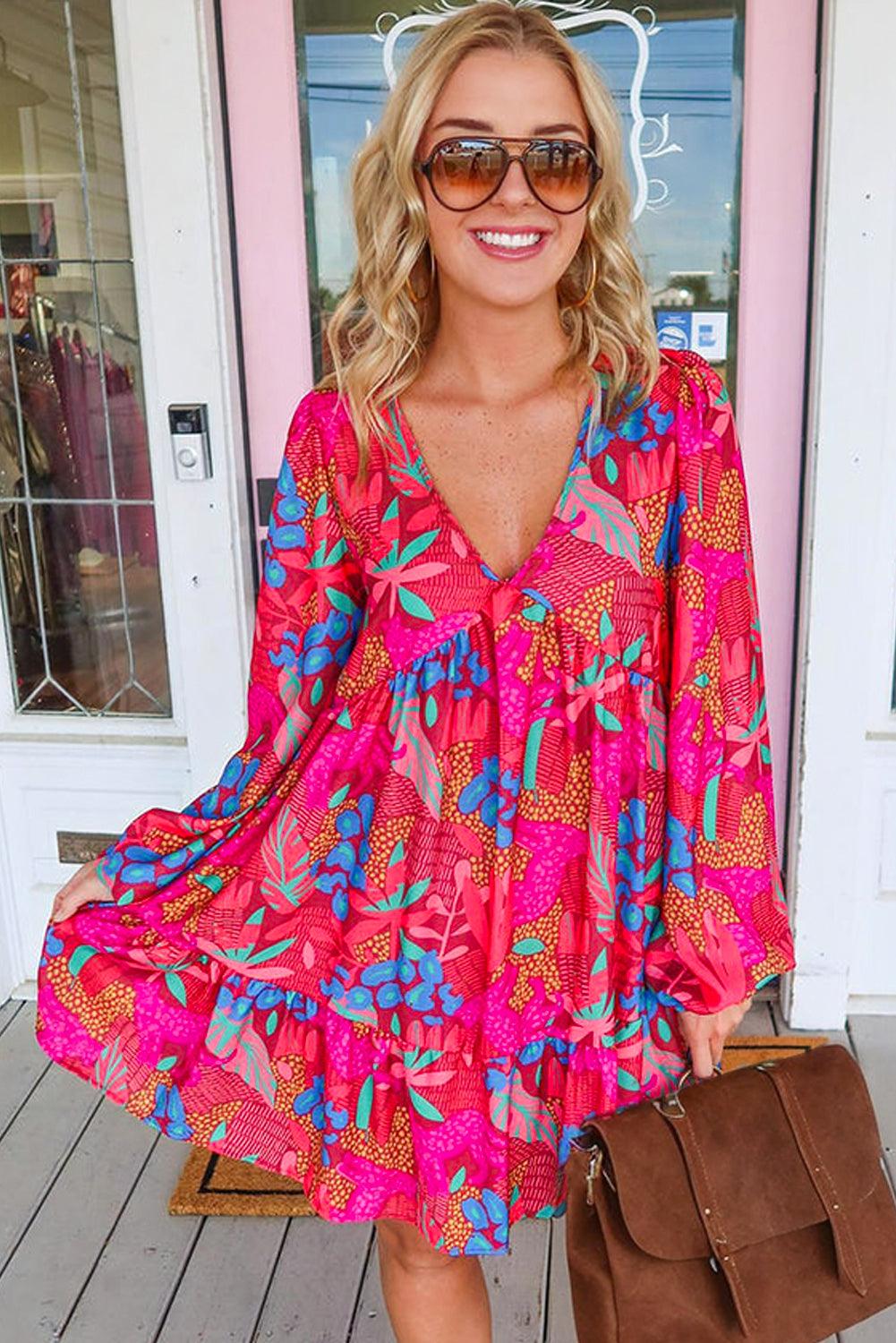 Pink Floral V-Neck Long Sleeve Mini Dress